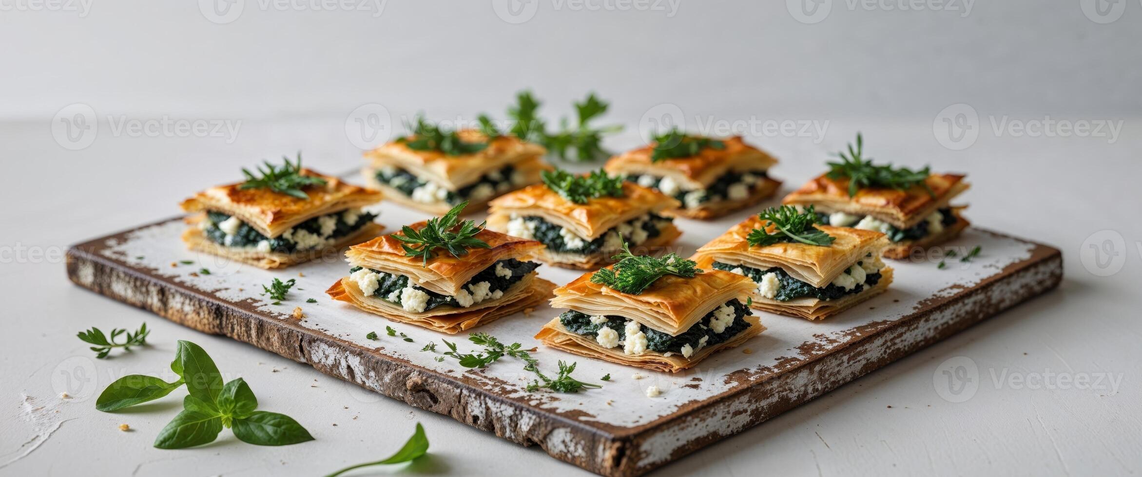 Gourmet spinach and feta stuffed phyllo pastry squares with golden crispy layers and fresh herbs garnished on rustic wooden serving board. photo