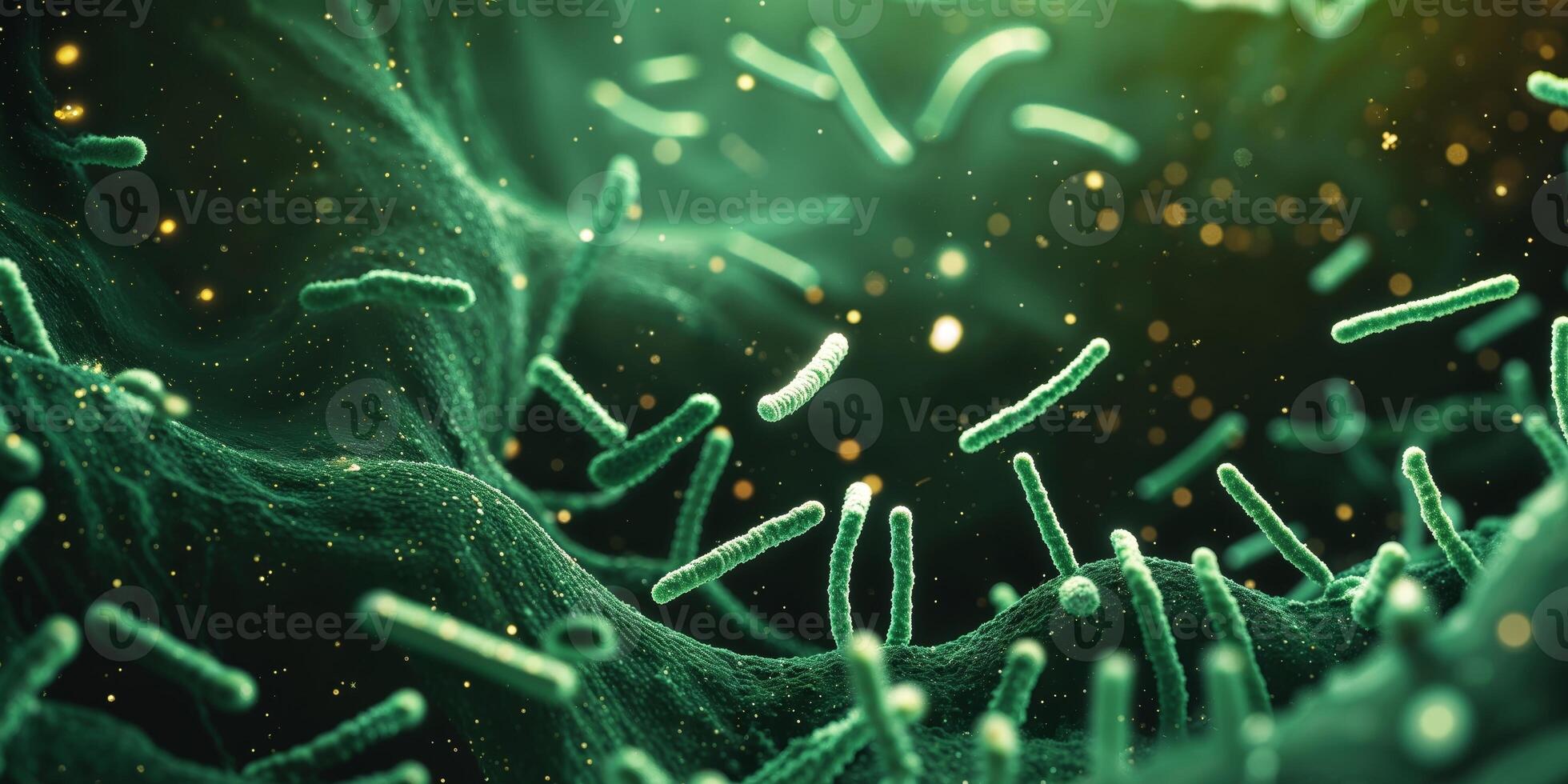 Microscopic View of Rod Shaped Bacteria in Dark Green Background. photo