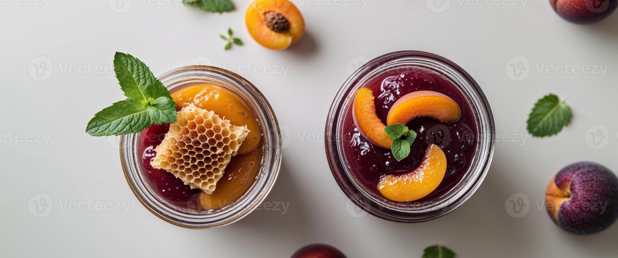Top view of two jars of homemade plum and apricot jam with fresh fruits and honeycomb accents photo