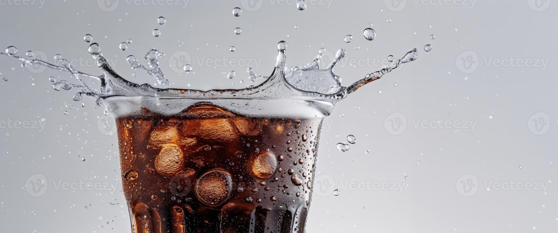Refreshing fizzy cola with dynamic splashes and glistening condensation creating a captivating and appetizing visual. photo