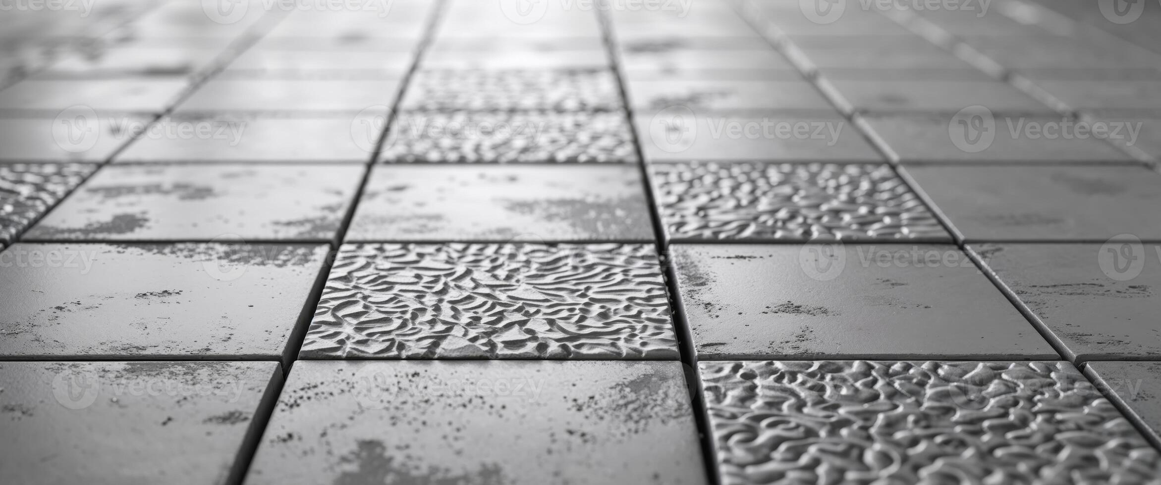 Monochromatic View of Structured Square Tile Floor Covering with Uneven Surface and Neutral Gray Coloring with an Abstract Decorative Texture photo