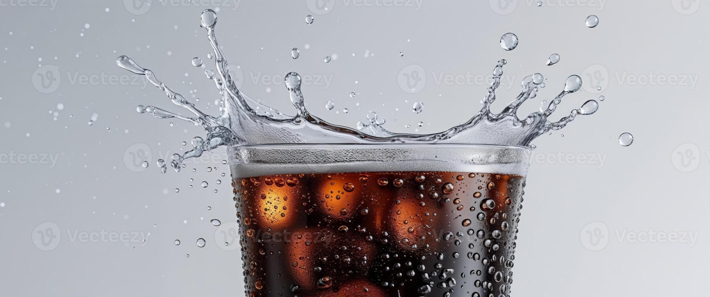 Refreshing fizzy cola with dynamic splashes and glistening condensation creating a captivating and appetizing visual photo