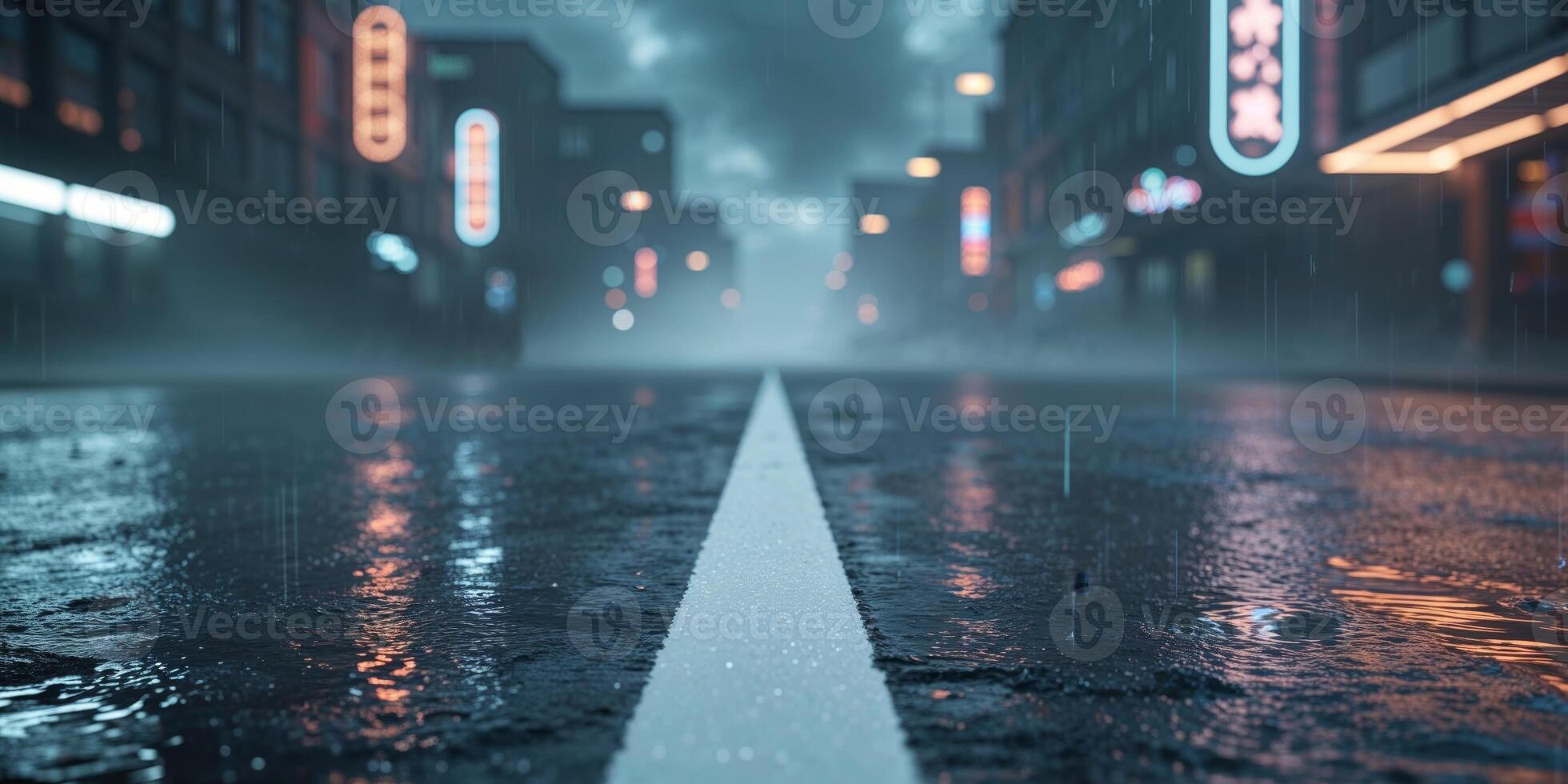 A city street is shown in the rain with neon lights photo