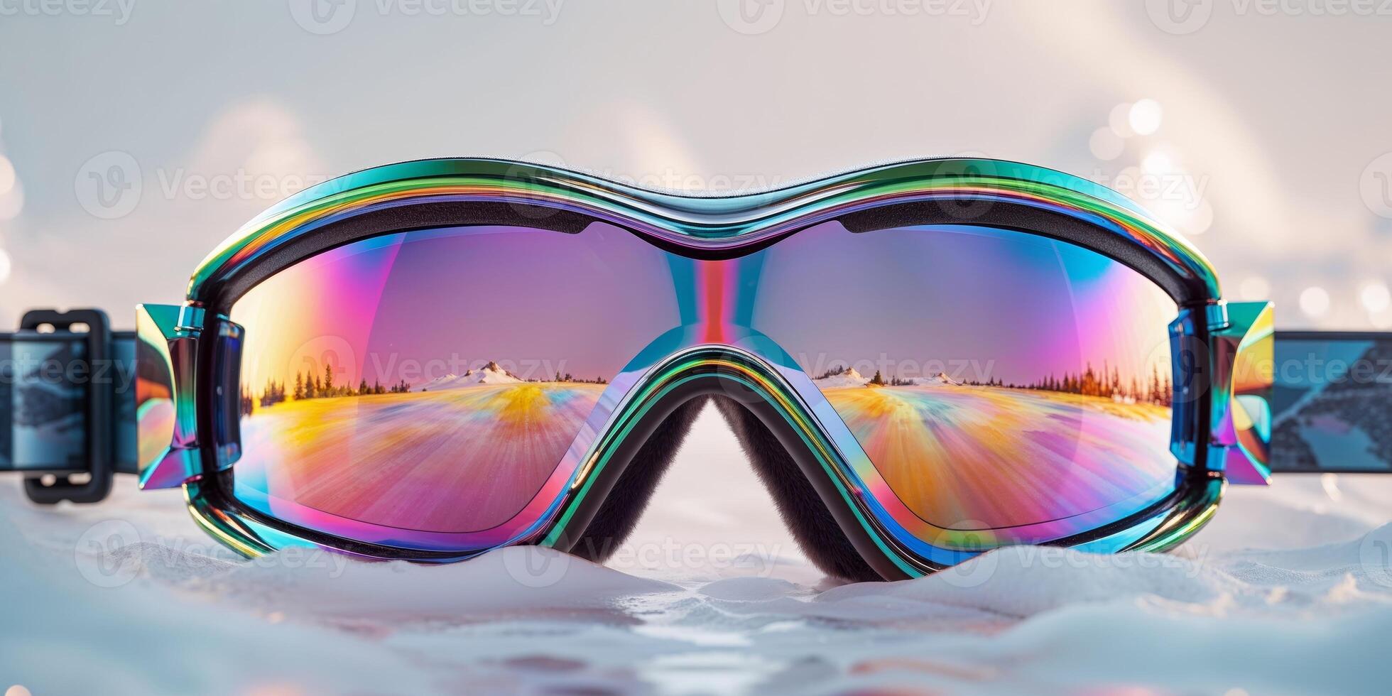 A pair of goggles with colorful lenses on top of snow photo