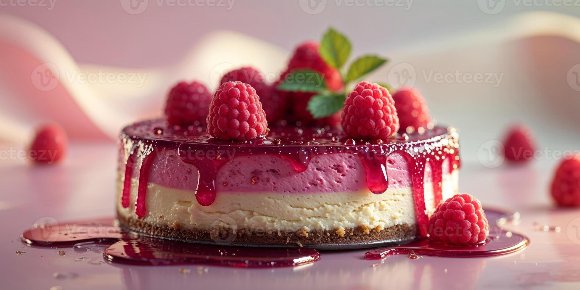 A cheesecake with raspberries and cream on top photo