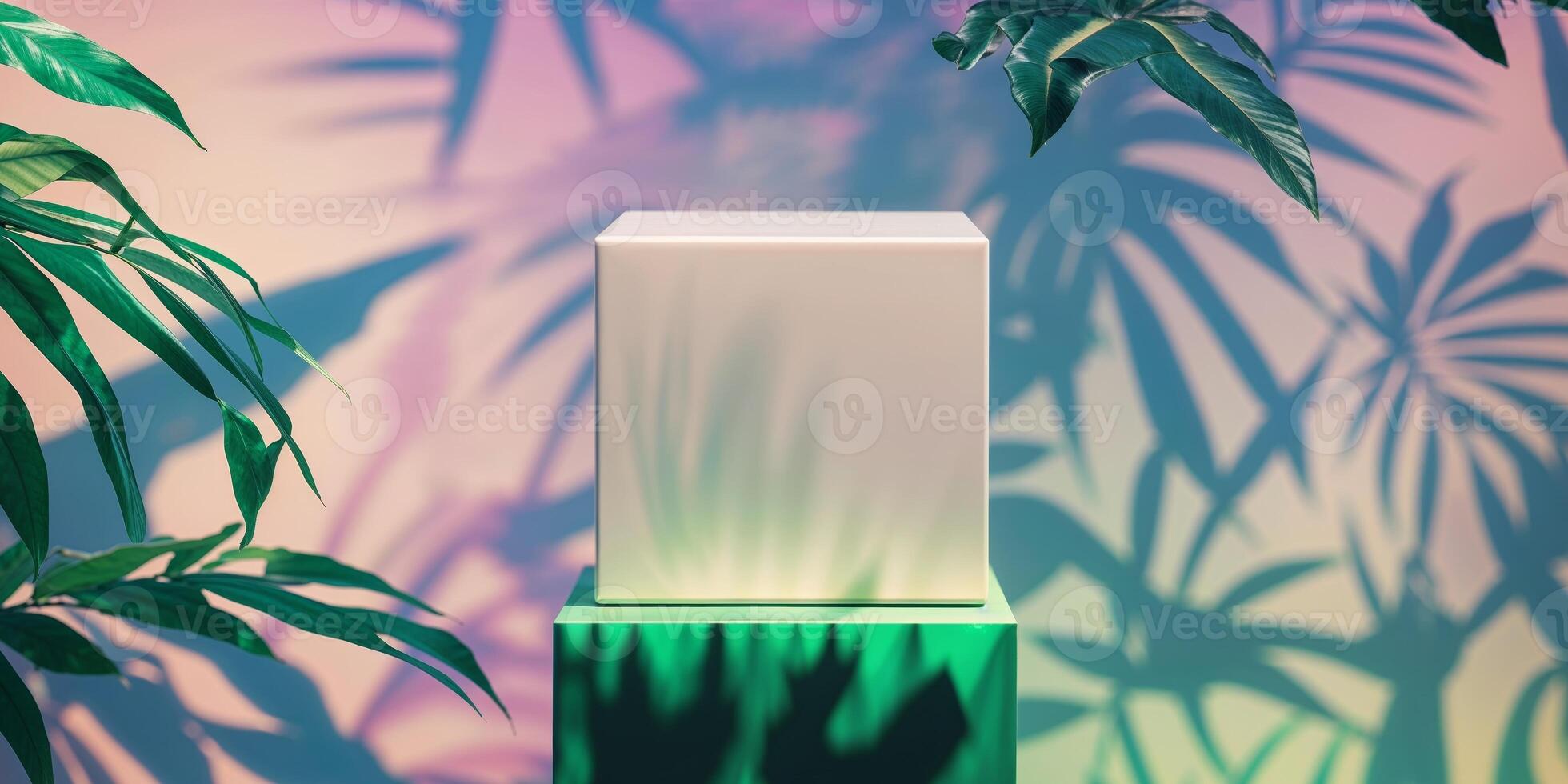 A white cube with a green plant in front of it photo