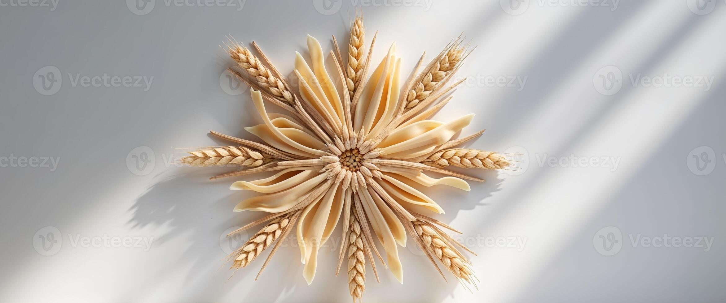 A wheat and pasta sculpture on a white wall photo