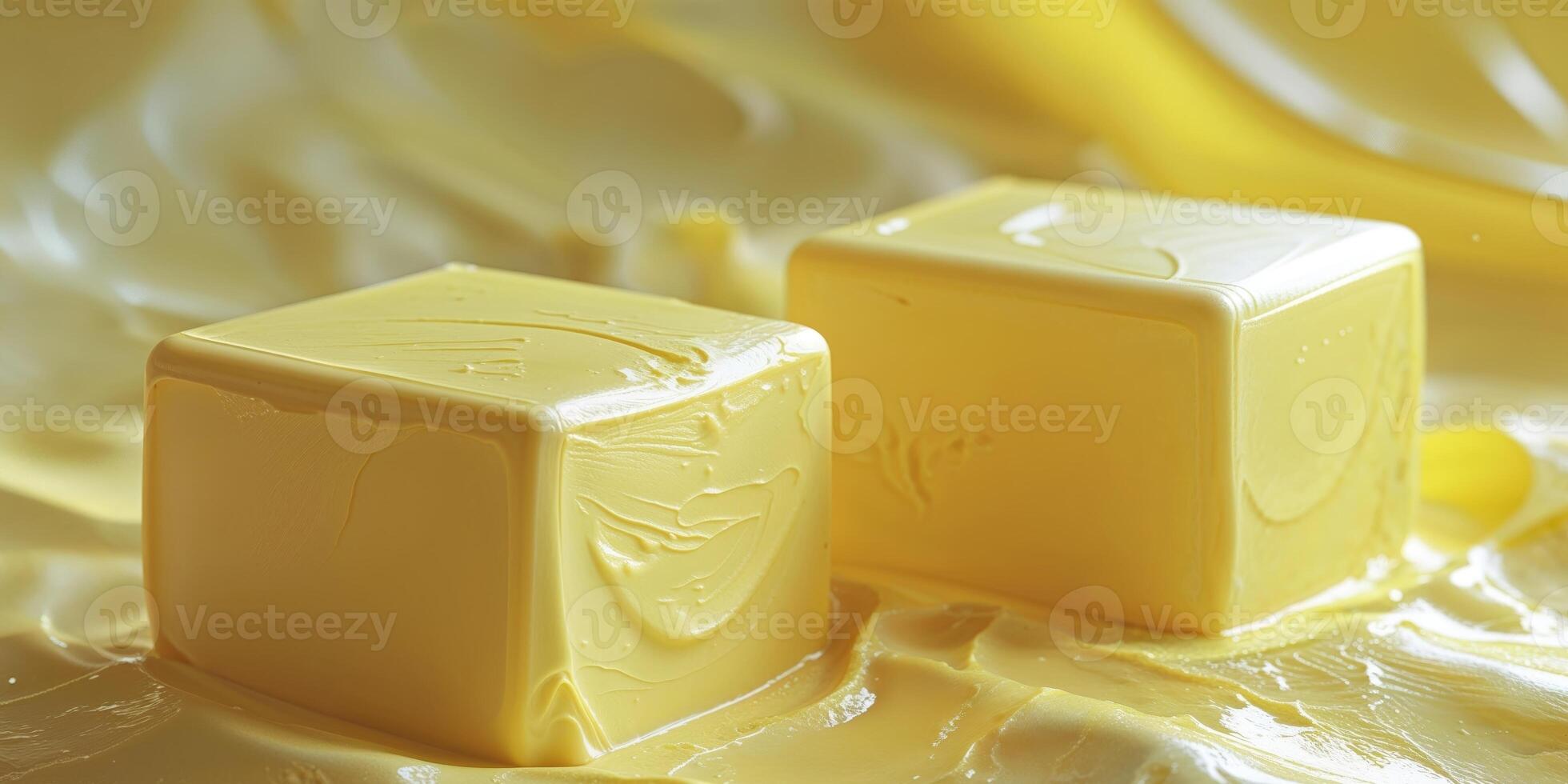 Two butter cubes sitting on a yellow surface photo