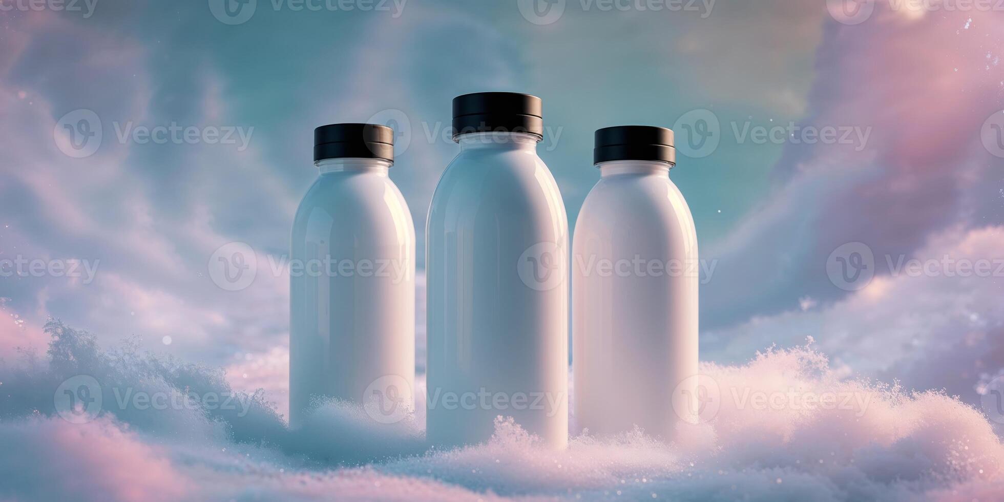 Three white plastic bottles on a cloudy sky photo