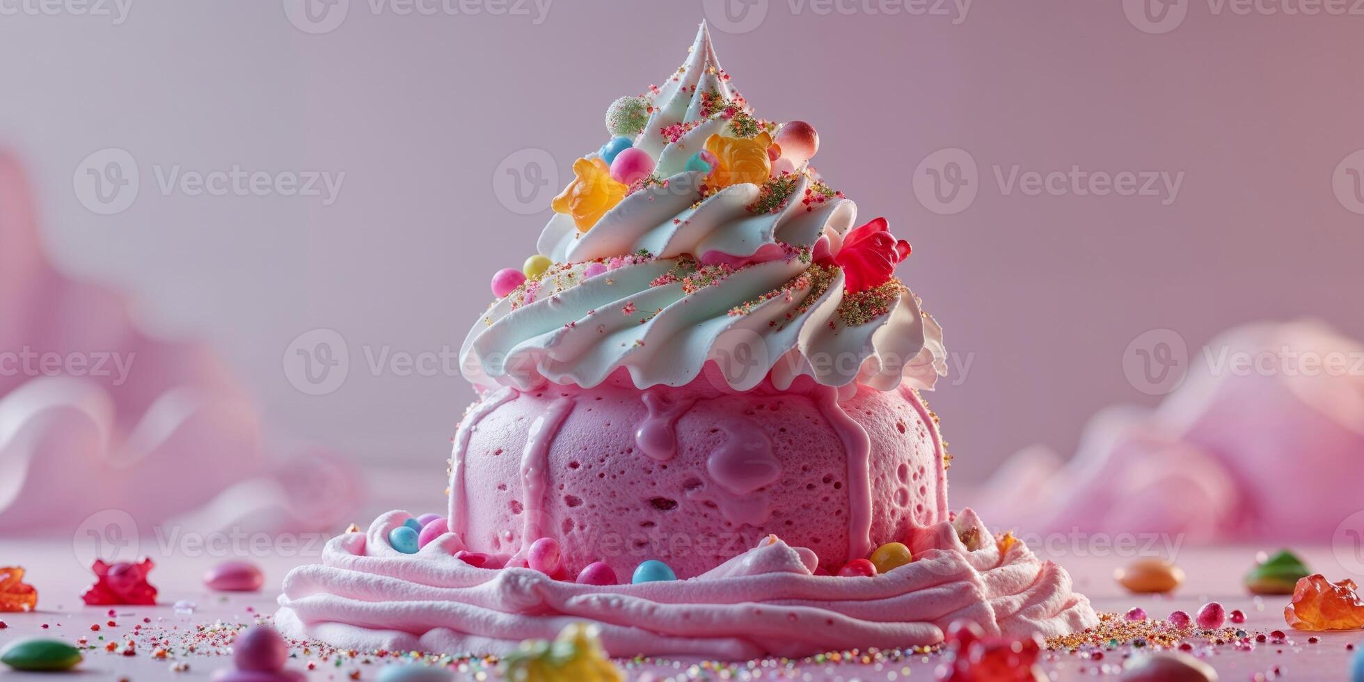 A pink cake with a unicorn on top photo