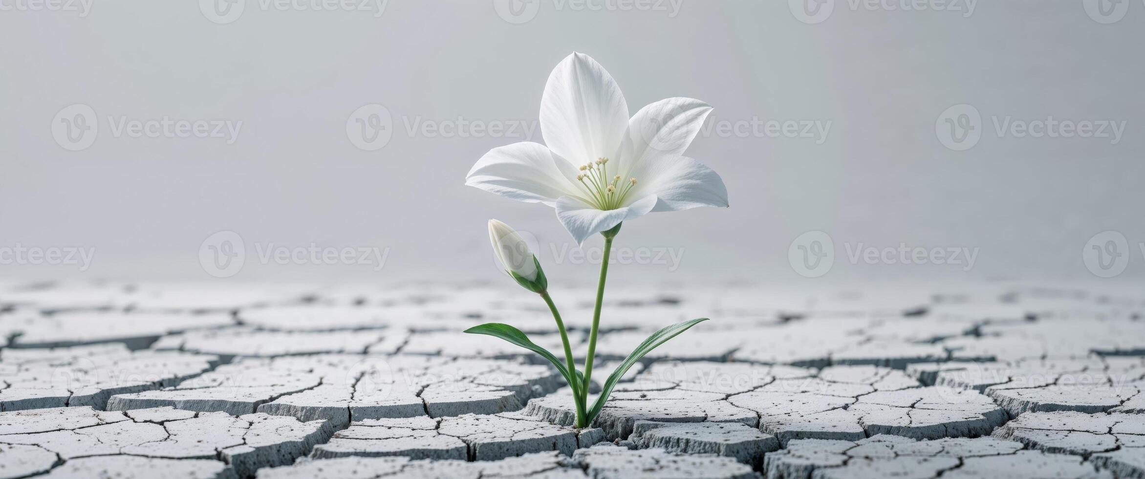 White lily on cracked ground with a single flower photo