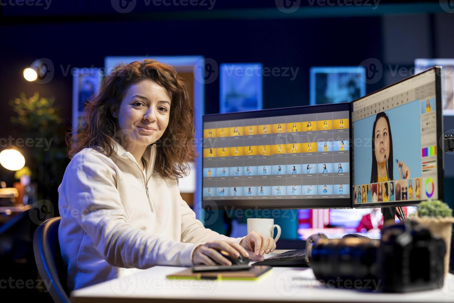 Portrait of happy photo editor browsing through images to determine the most appropriate visuals for publication in magazines. Smiling photographer manipulating images in creative studio