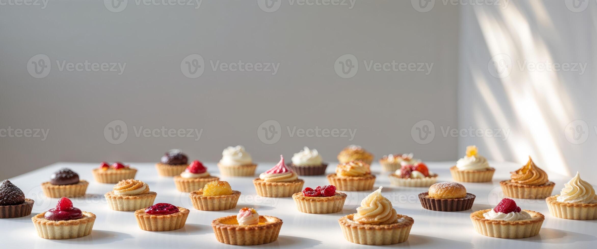 Assorted Delicious Mini Pastries and Tarts on a Clean White Surface. photo