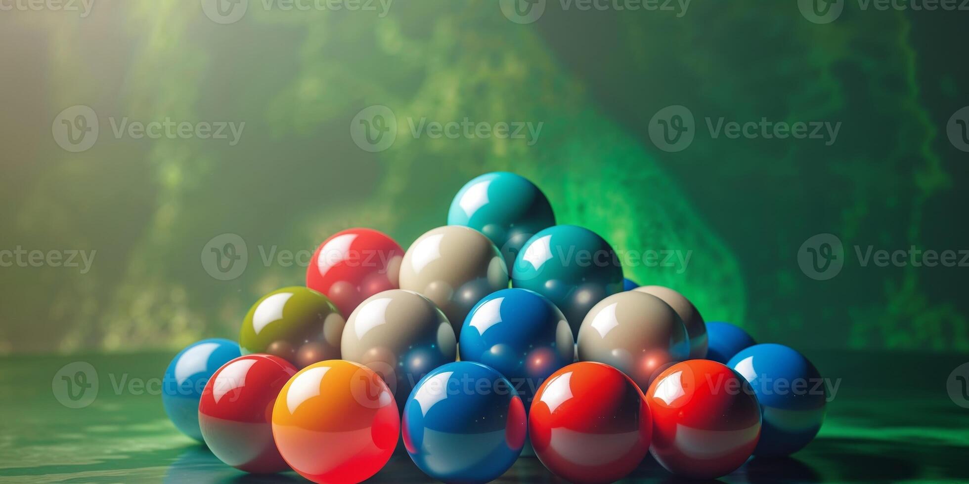 Colorful billiard balls arranged in a triangle on a green background photo