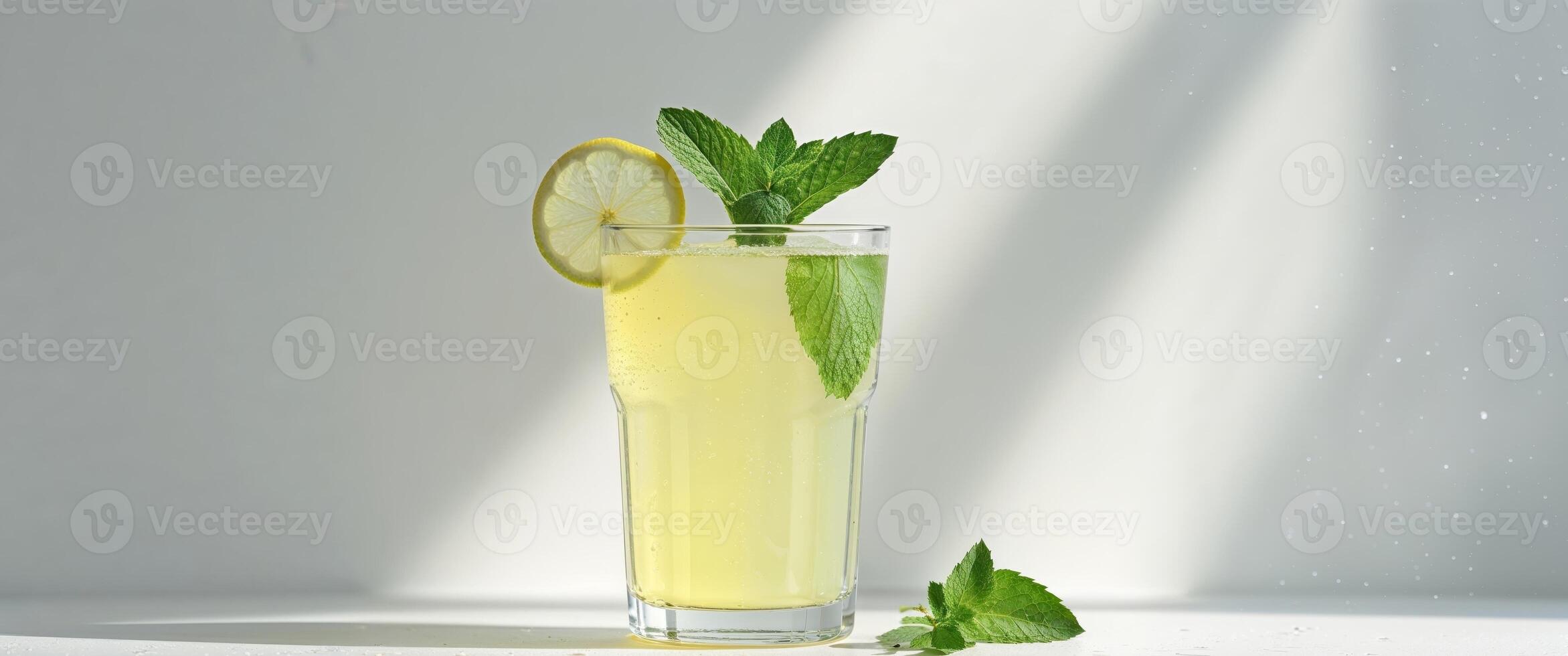 A glass of lemonade with a sprig of mint on top photo