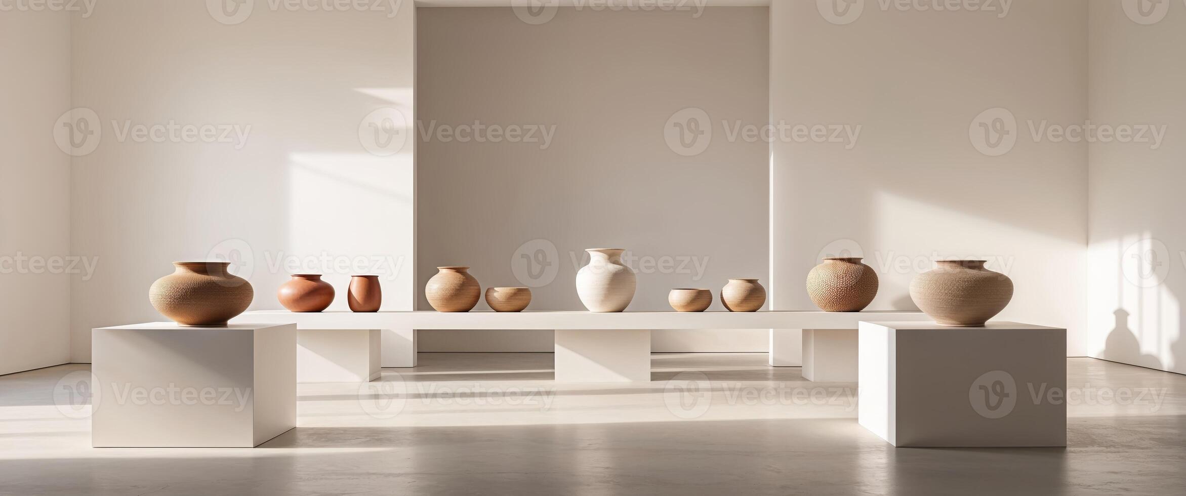 Ceramic and woven vessels displayed in a spacious gallery with natural light in a contemporary setting. photo
