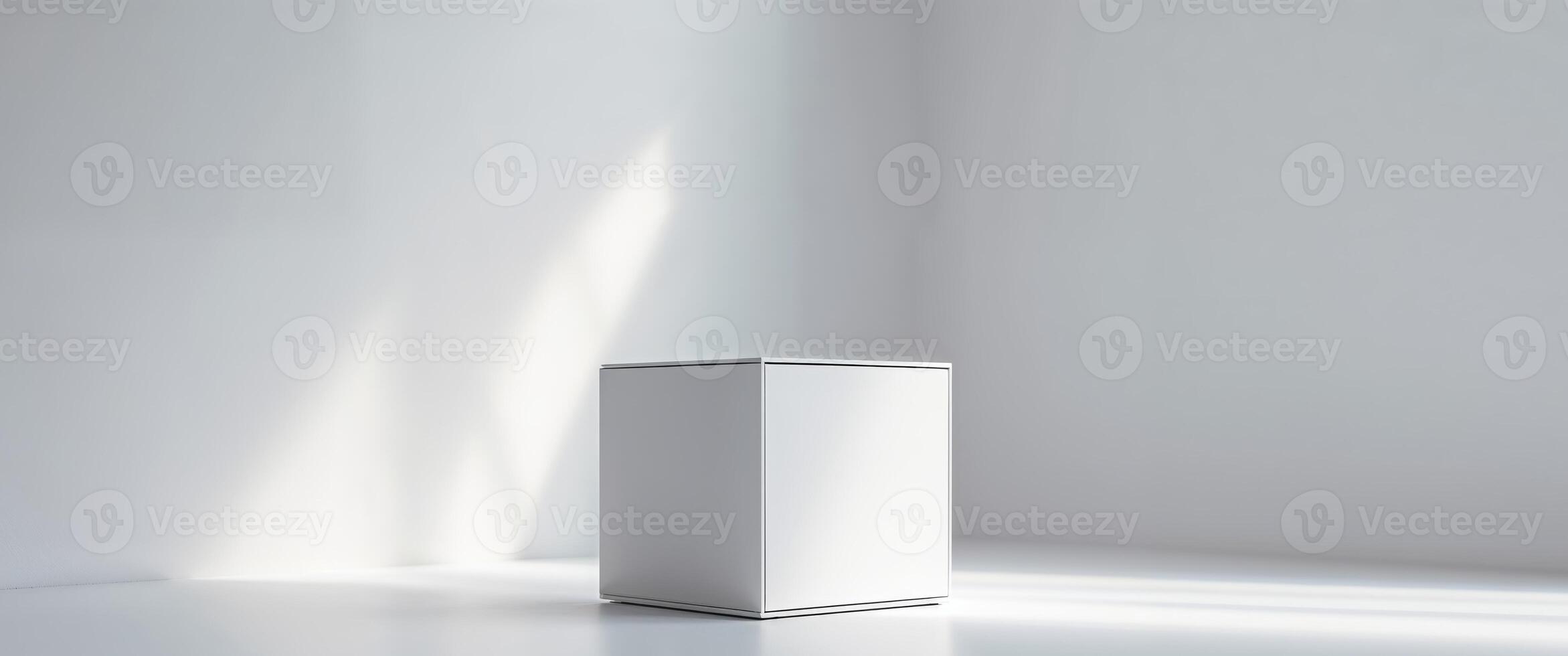 White box is standing in front of a wall photo