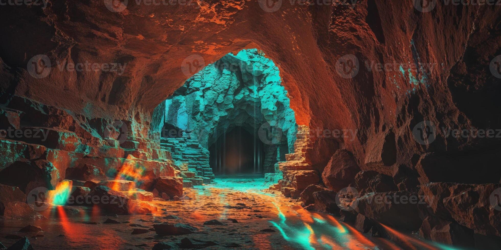 An image of a cave with bright lights photo