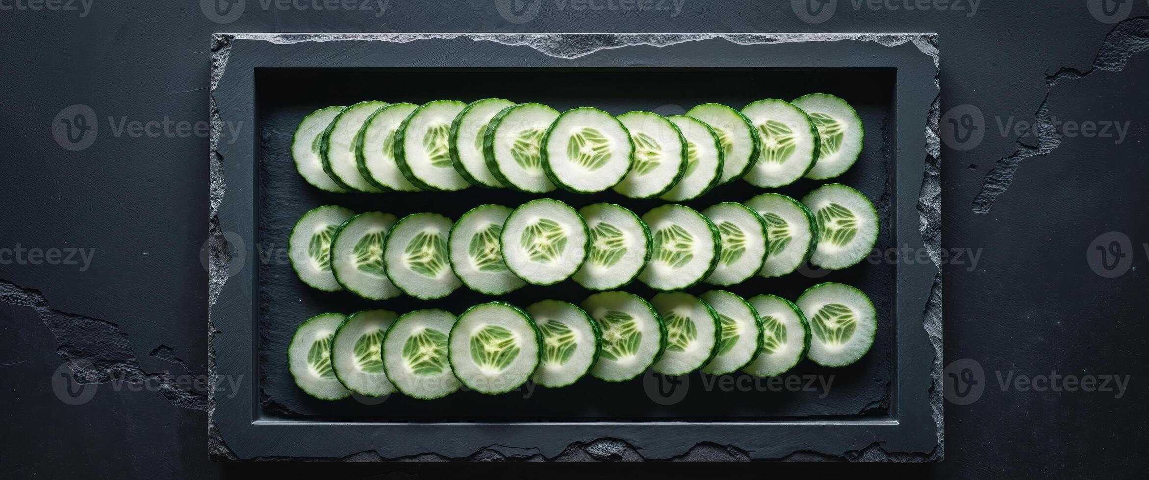 Slices of cucumber arranged in a frame on a dark surface photo