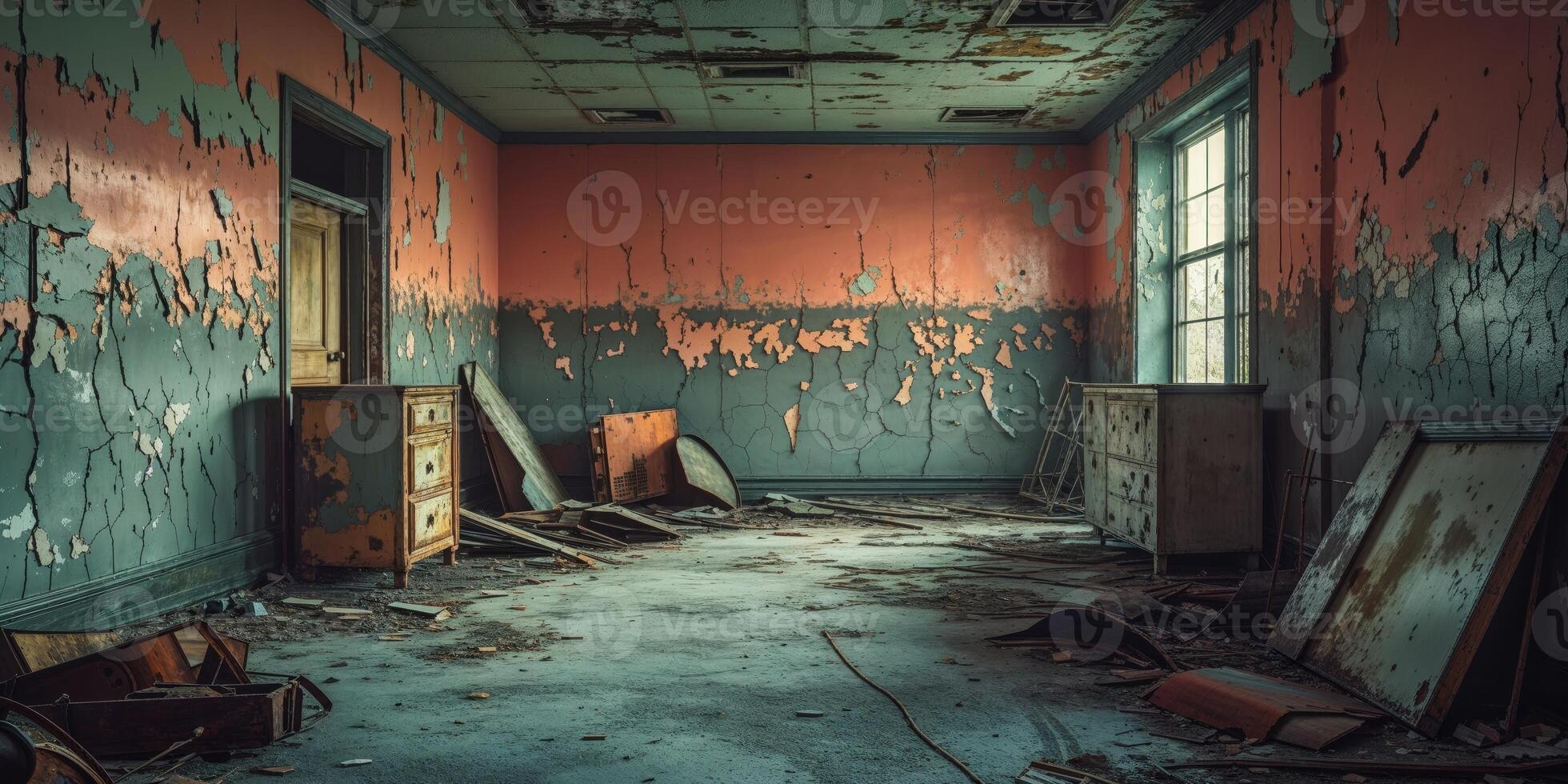 Grungy Empty Room with Weathered Walls and Concrete Floor. photo
