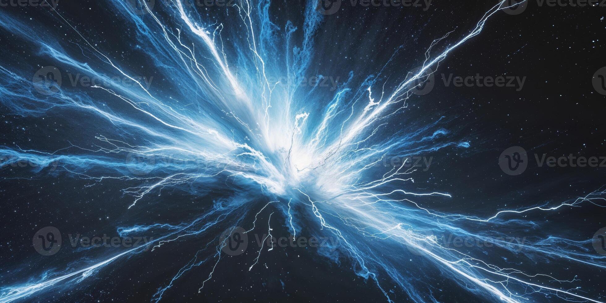 Abstract Blue and White Energy Burst in Dark Space photo