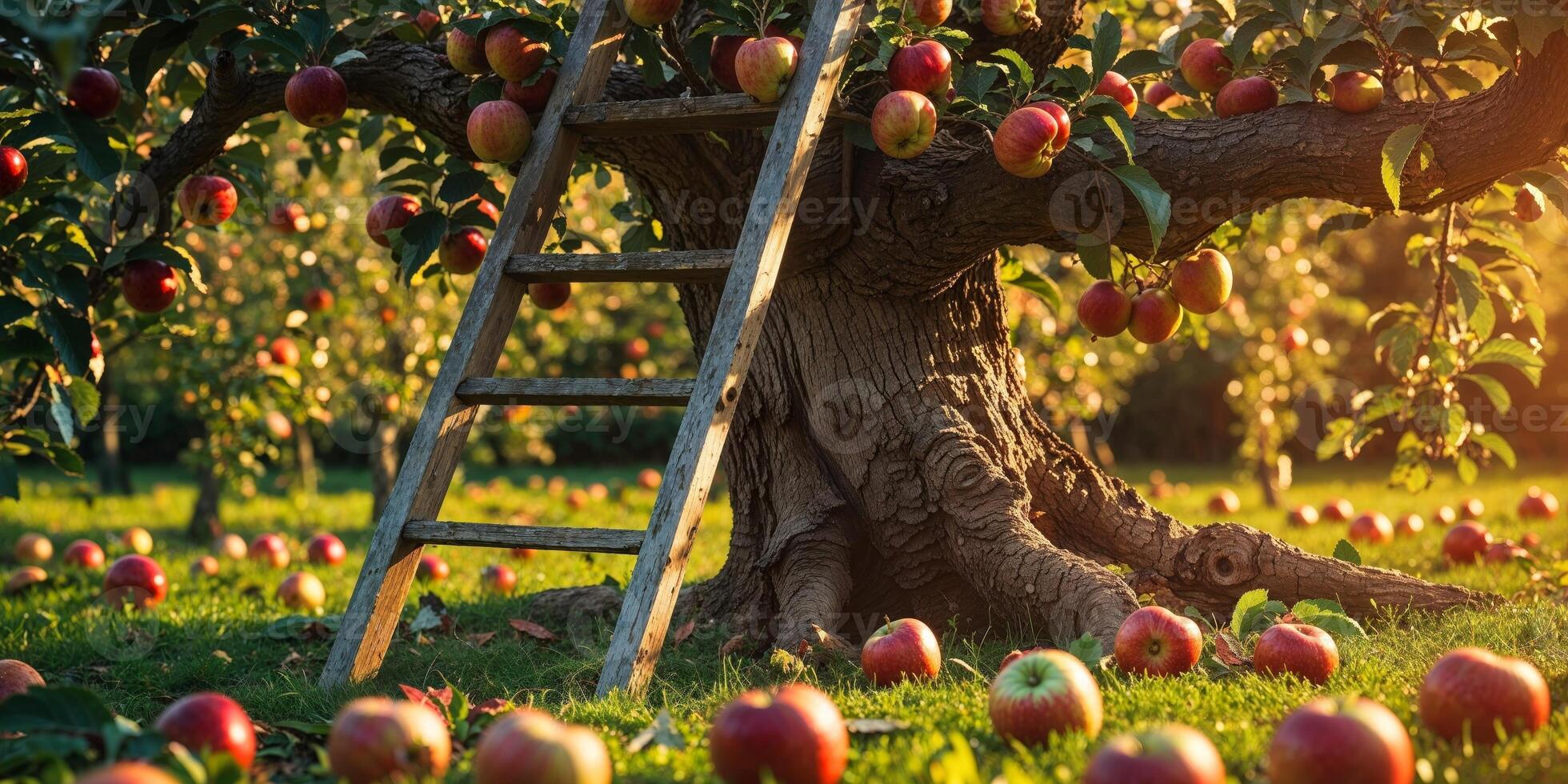 Sunny orchard with ladder leaning on apple tree and scattered fruit. photo