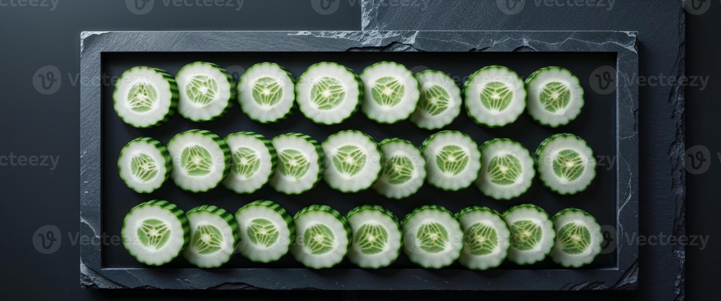 Slices of cucumber arranged in a frame on a dark surface. photo