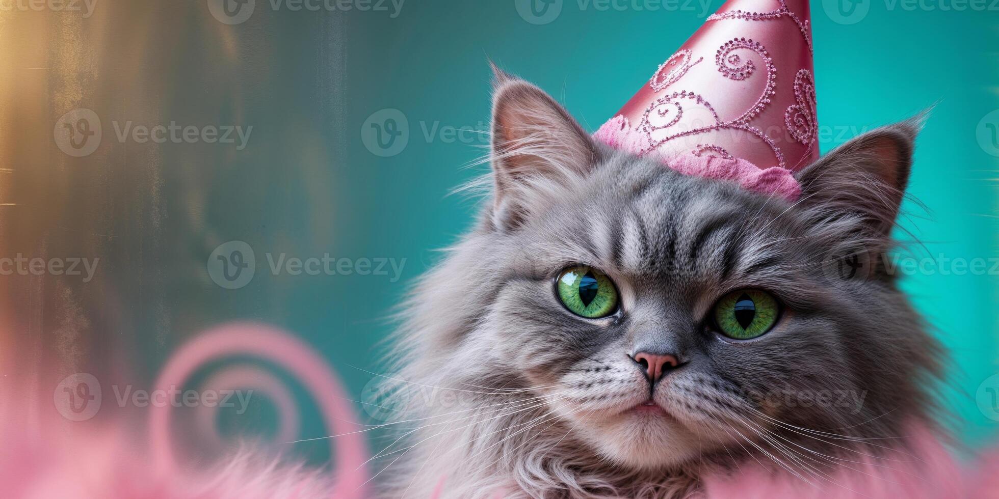 Fluffy Grey Cat Wearing Pink Party Hat Peeking Over Turquoise Background photo