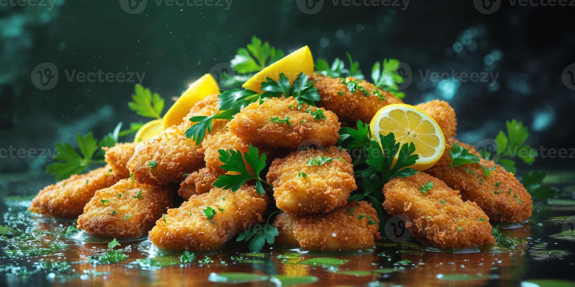 Crispy golden breaded fish nuggets with lemon slices and parsley garnish on dark background. photo