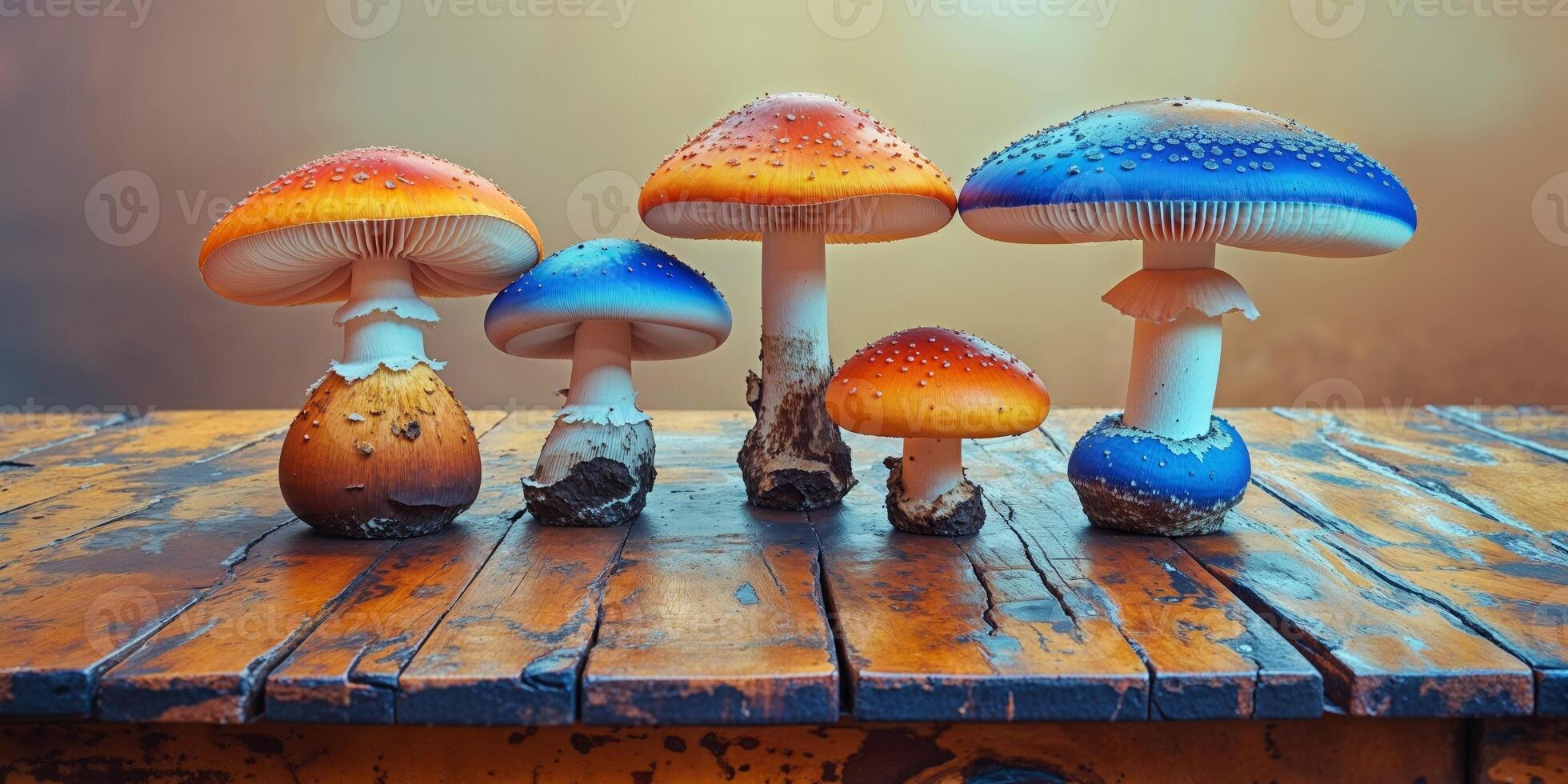 A group of mushrooms sitting on top of a wooden table. photo
