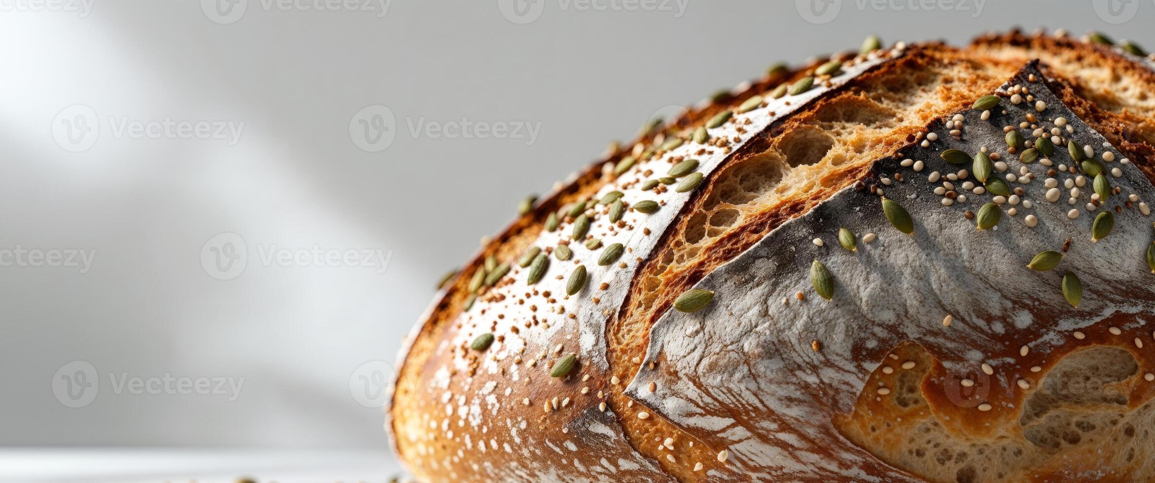 Macro shot of artisan sourdough bread with golden crust and seeds photo