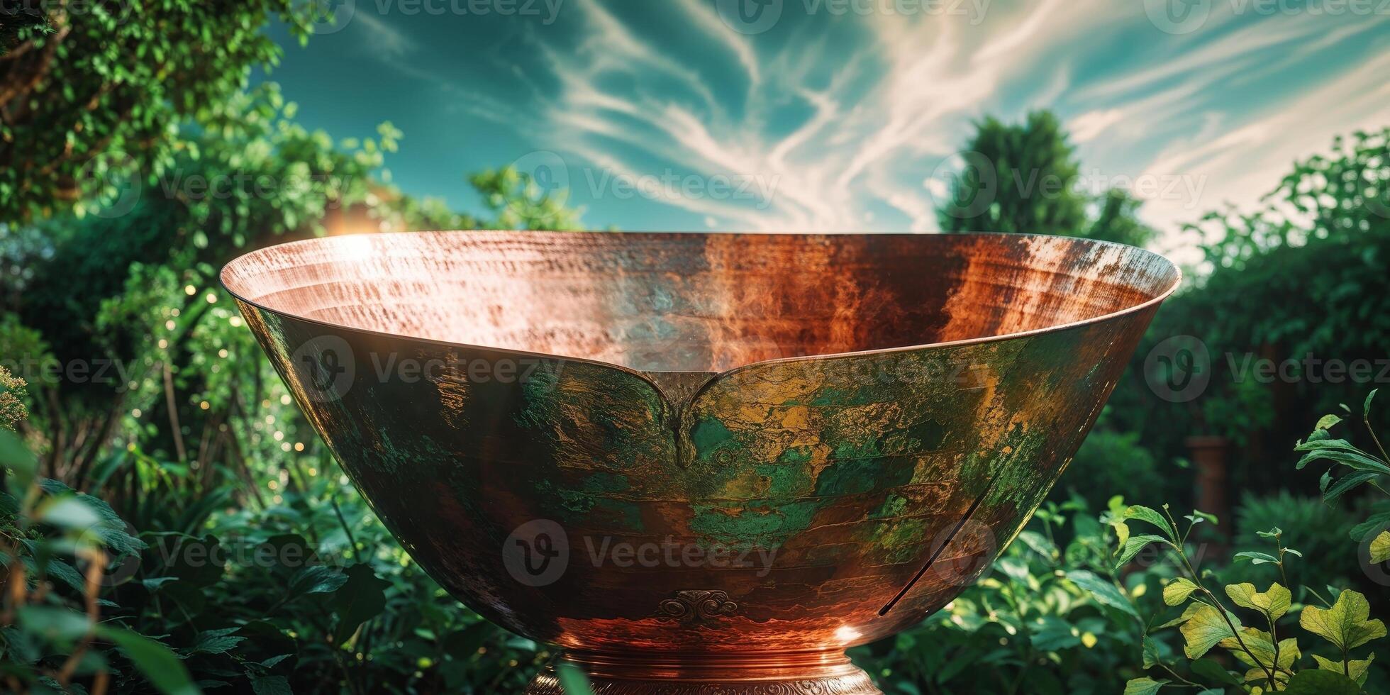 Large Polished Copper Bowl Outdoors Garden Setting photo