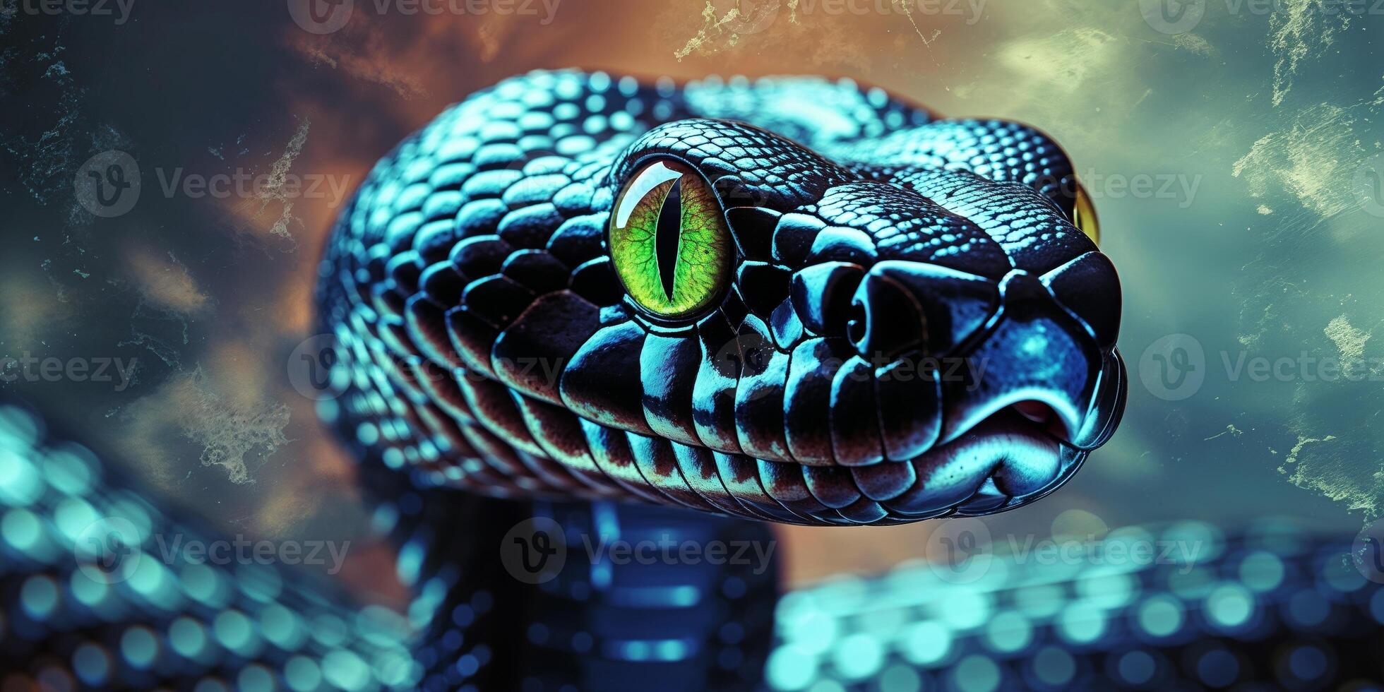 A close up of a black snake with green eyes. photo