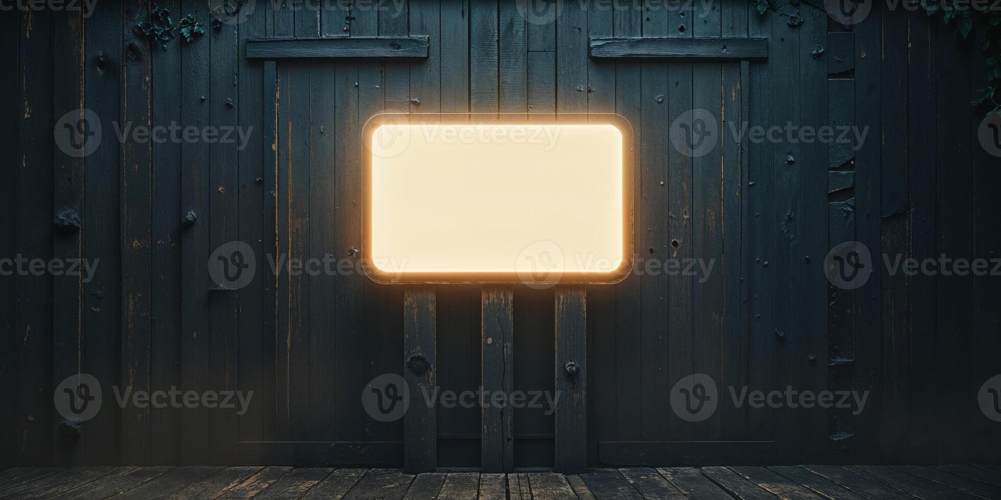 Illuminated Blank Signage on Dark Wood Exterior photo
