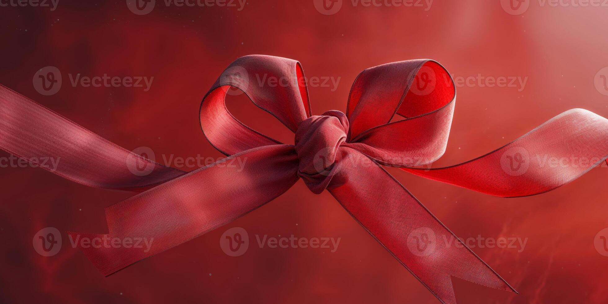 Red Ribbon Tied In A Simple Knot On Red Background. photo