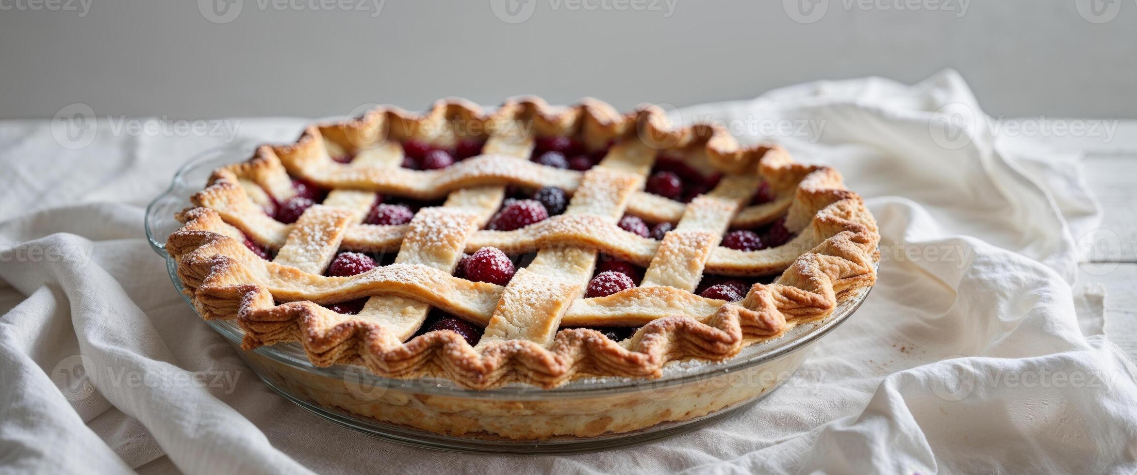 Freshly baked fruit pie with a flaky golden brown lattice crust ready to be sliced and enjoyed as a comforting dessert or holiday treat. photo