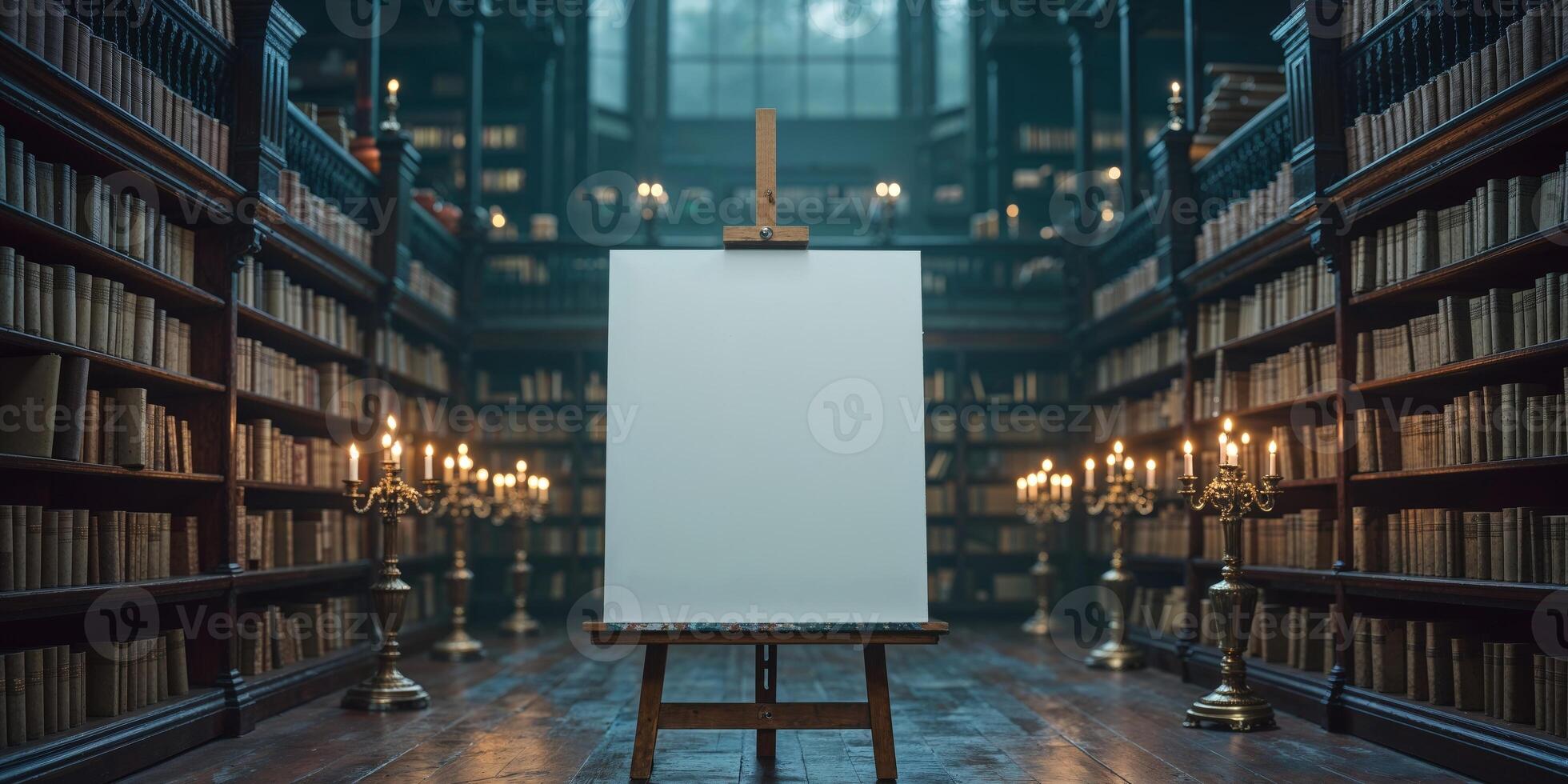 Blank Canvas on Easel in Library Setting photo