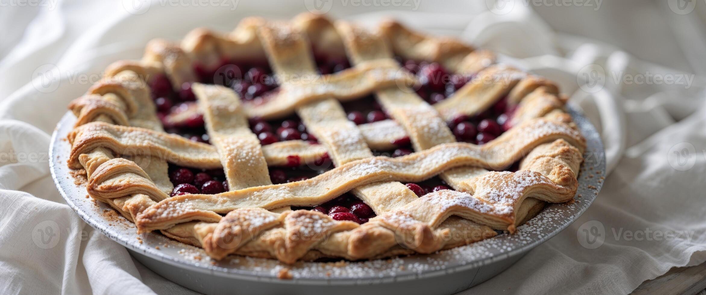 Freshly baked fruit pie with a flaky golden brown lattice crust ready to be sliced and enjoyed as a comforting dessert or holiday treat photo