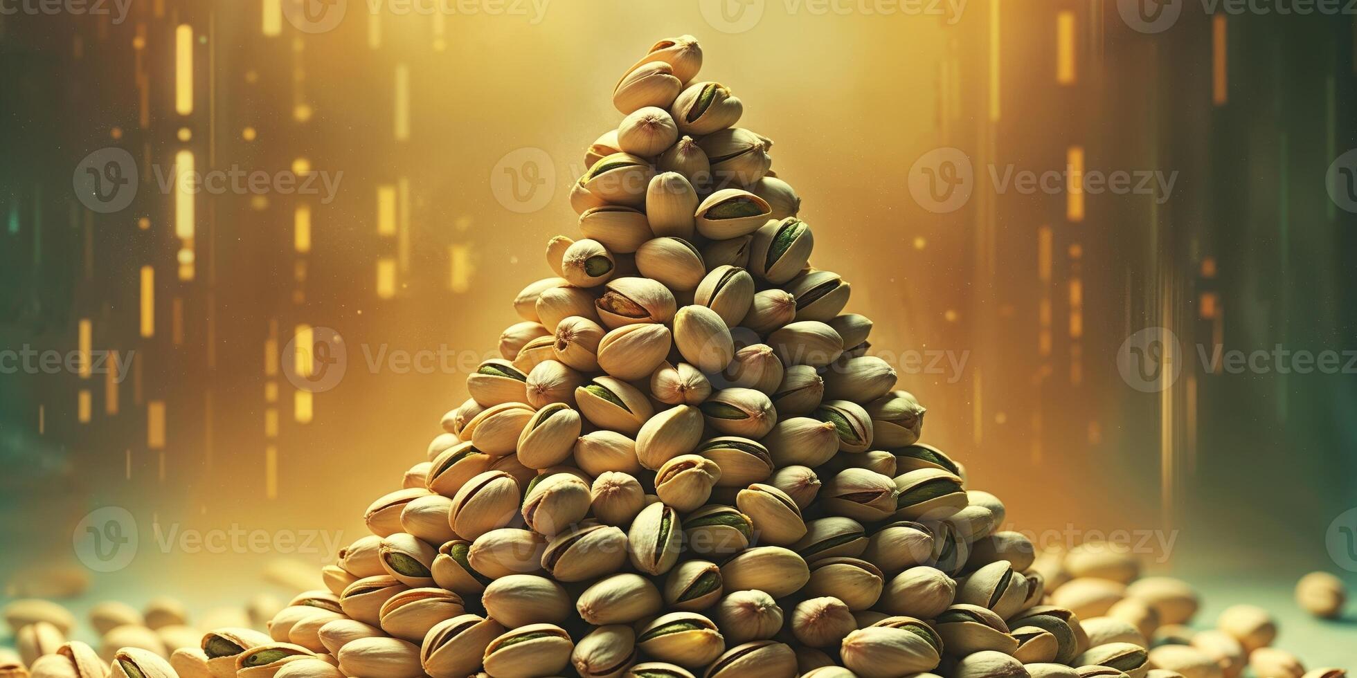 A pile of nuts is shown in front of a christmas tree photo