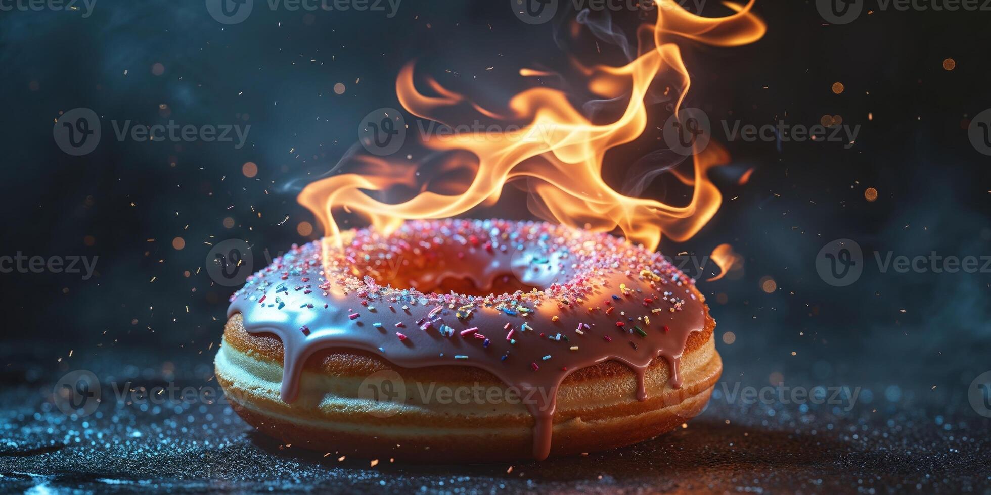 A glazed dessert donut ablaze with dramatic flickering fire on top. photo