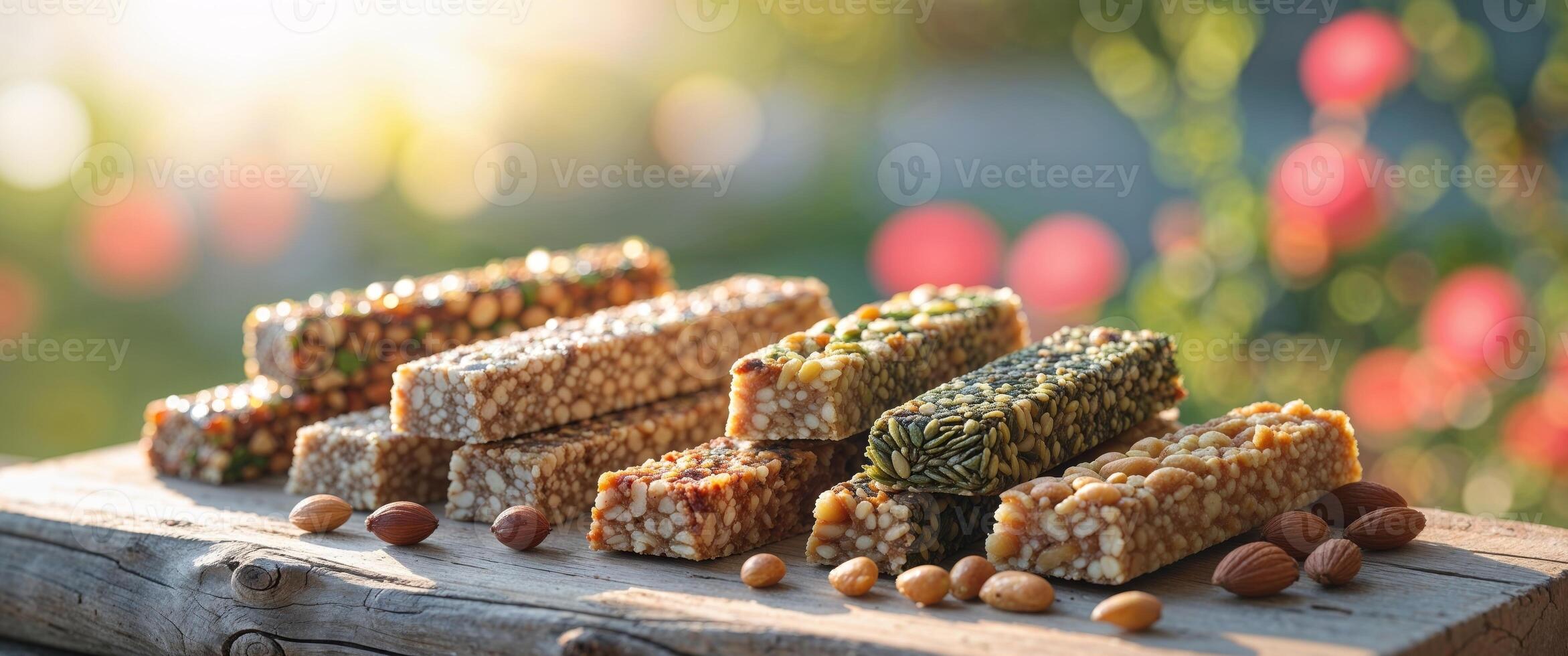 Nutritious energy bars made with nuts and seeds on a wooden board in a bright outdoor setting photo
