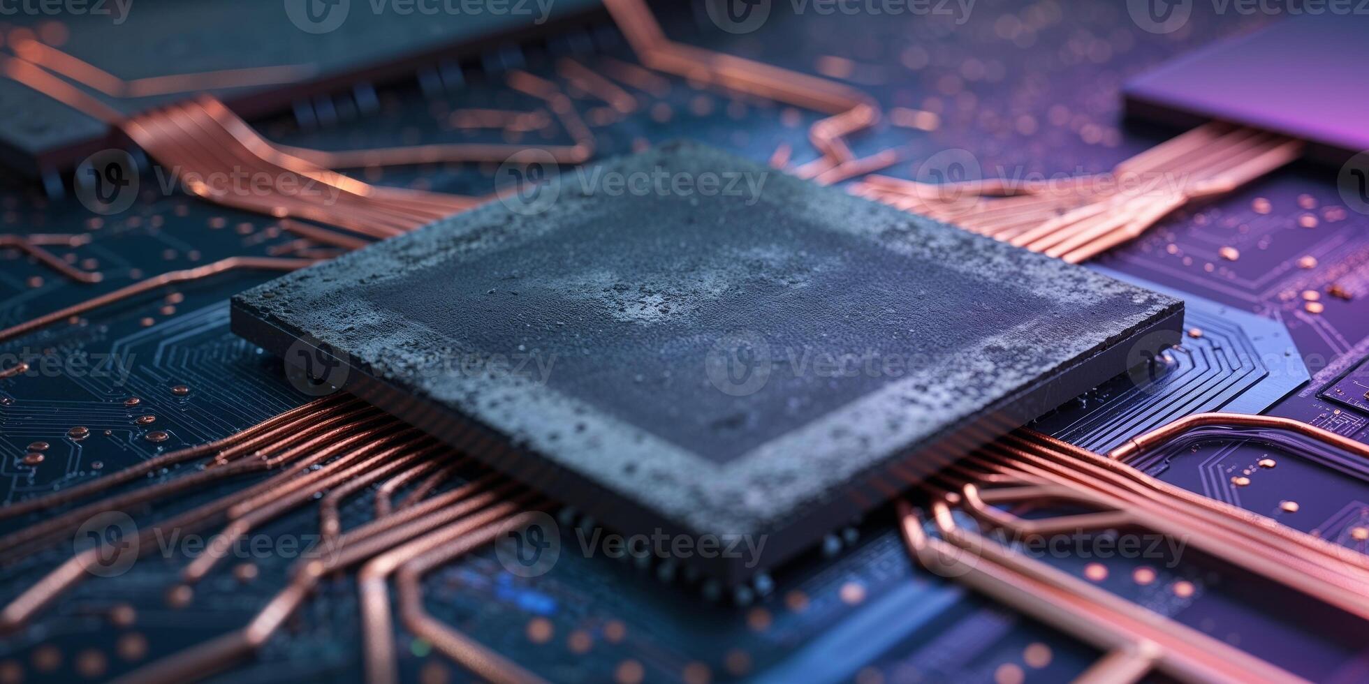 Abstract Closeup of a Gray Chip on a Circuit Board with Copper Lines. photo