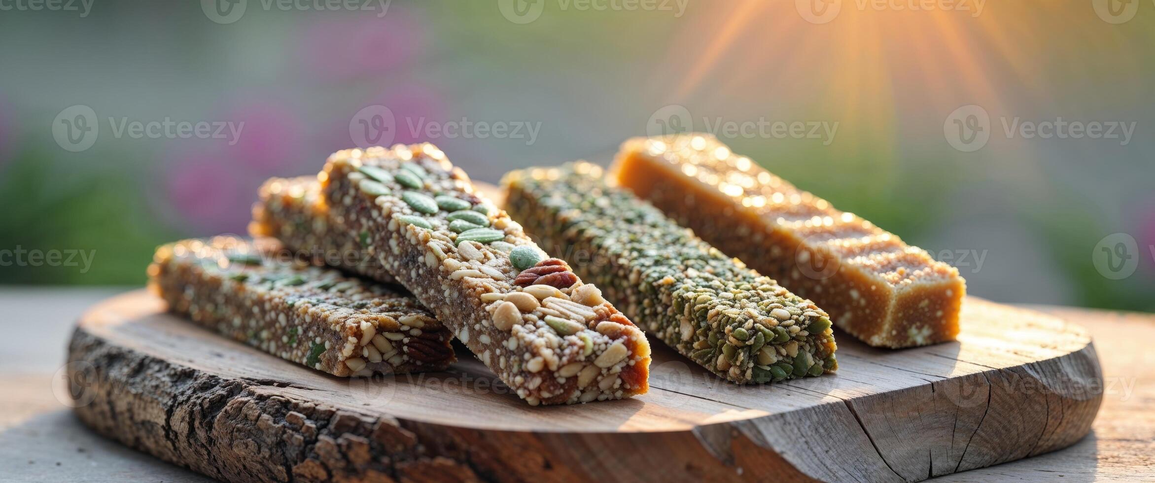 Nutritious energy bars made with nuts and seeds on a wooden board in a bright outdoor setting. photo
