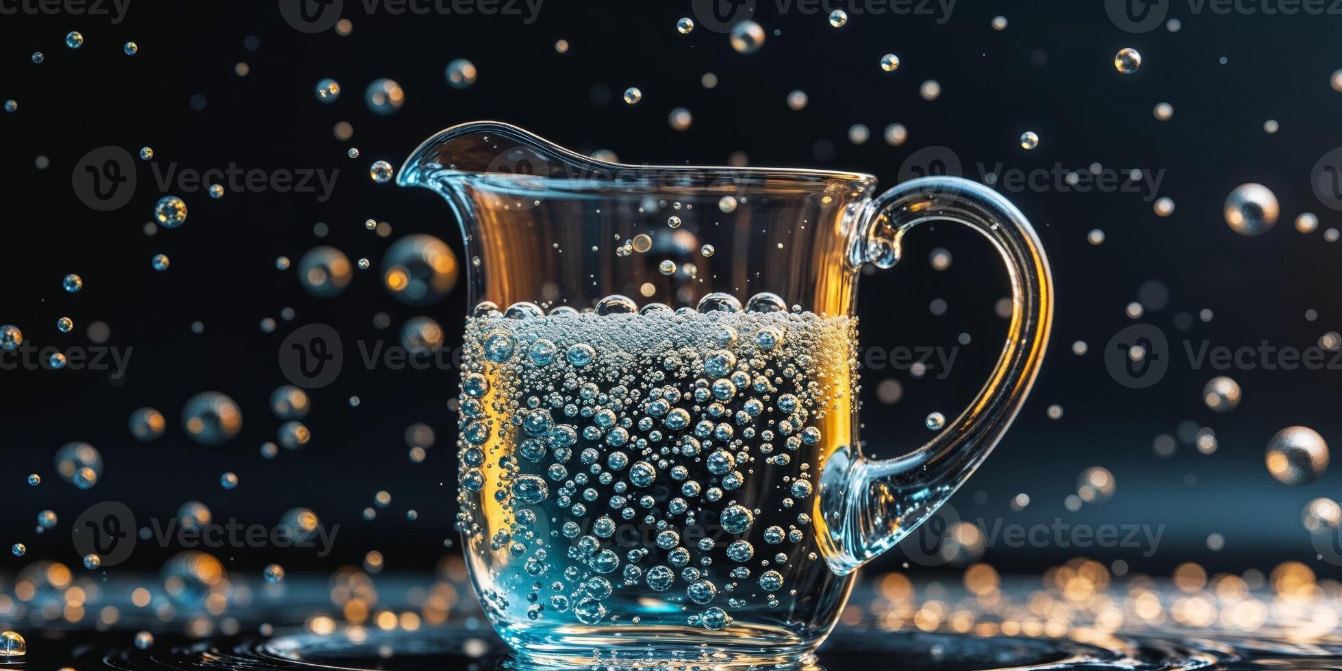 Water pitcher with bubbles close up refreshing drink hydration clear glass black background beverage. photo
