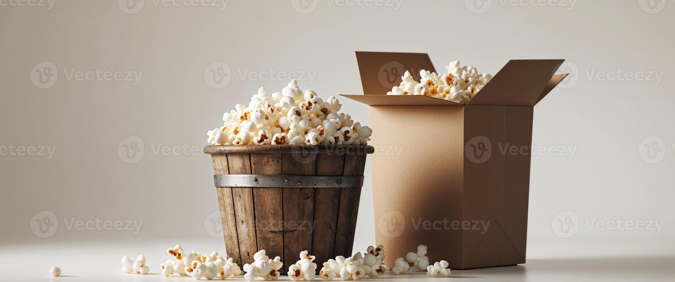 A bucket and a box of fresh popcorn for a movie snack photo