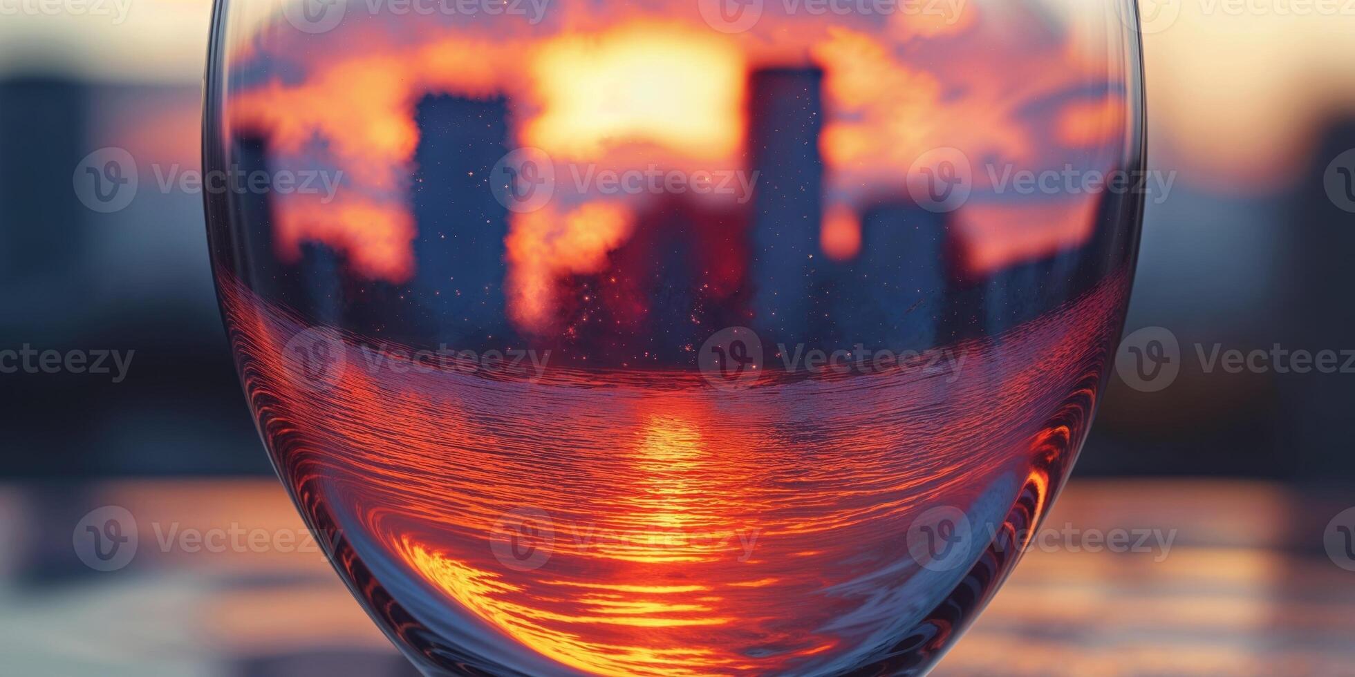 Urban horizon sunset captured within a wine glass reflective stillness. photo