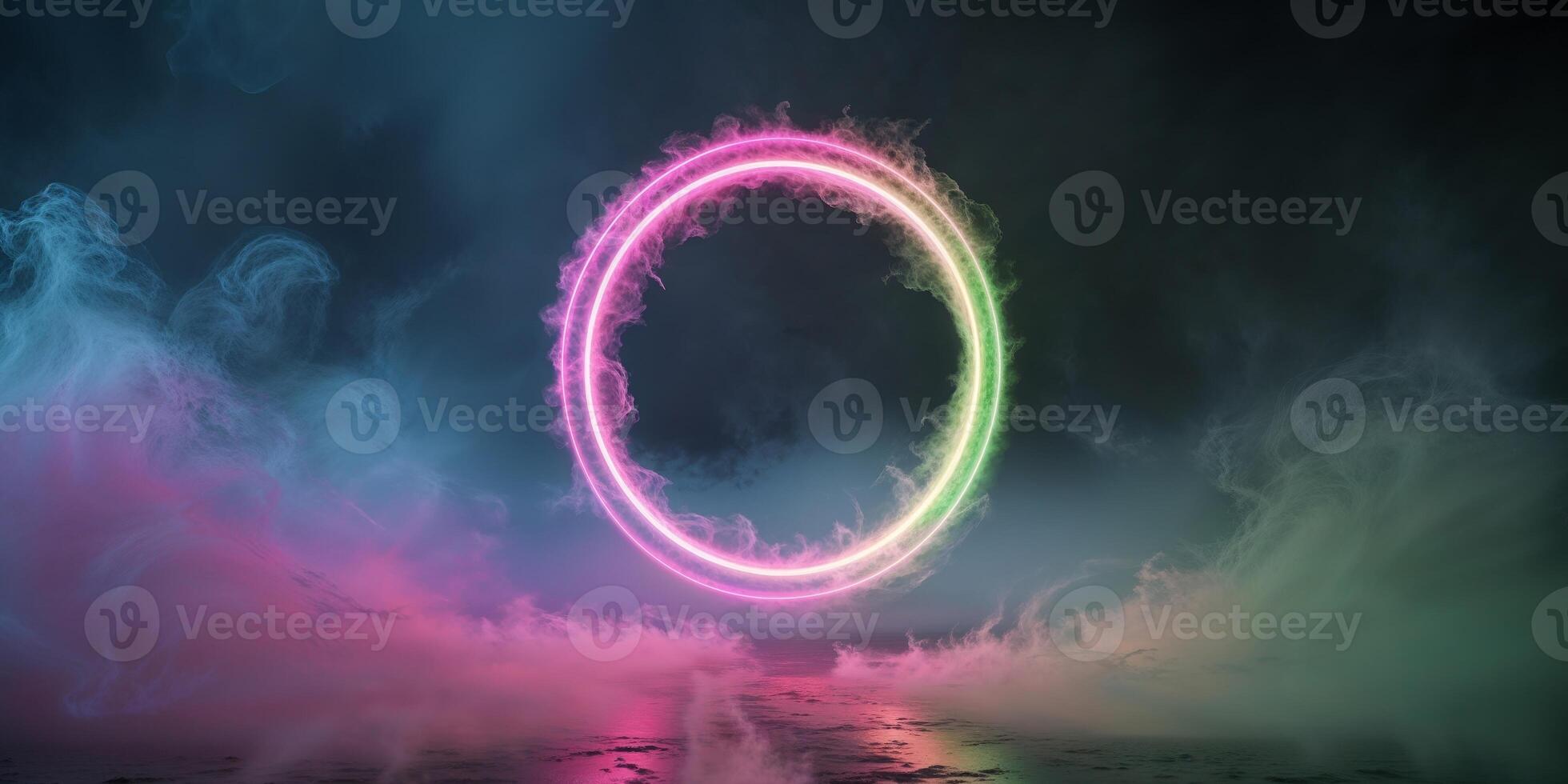 A ring of smoke and neon lights in the middle of a dark background photo