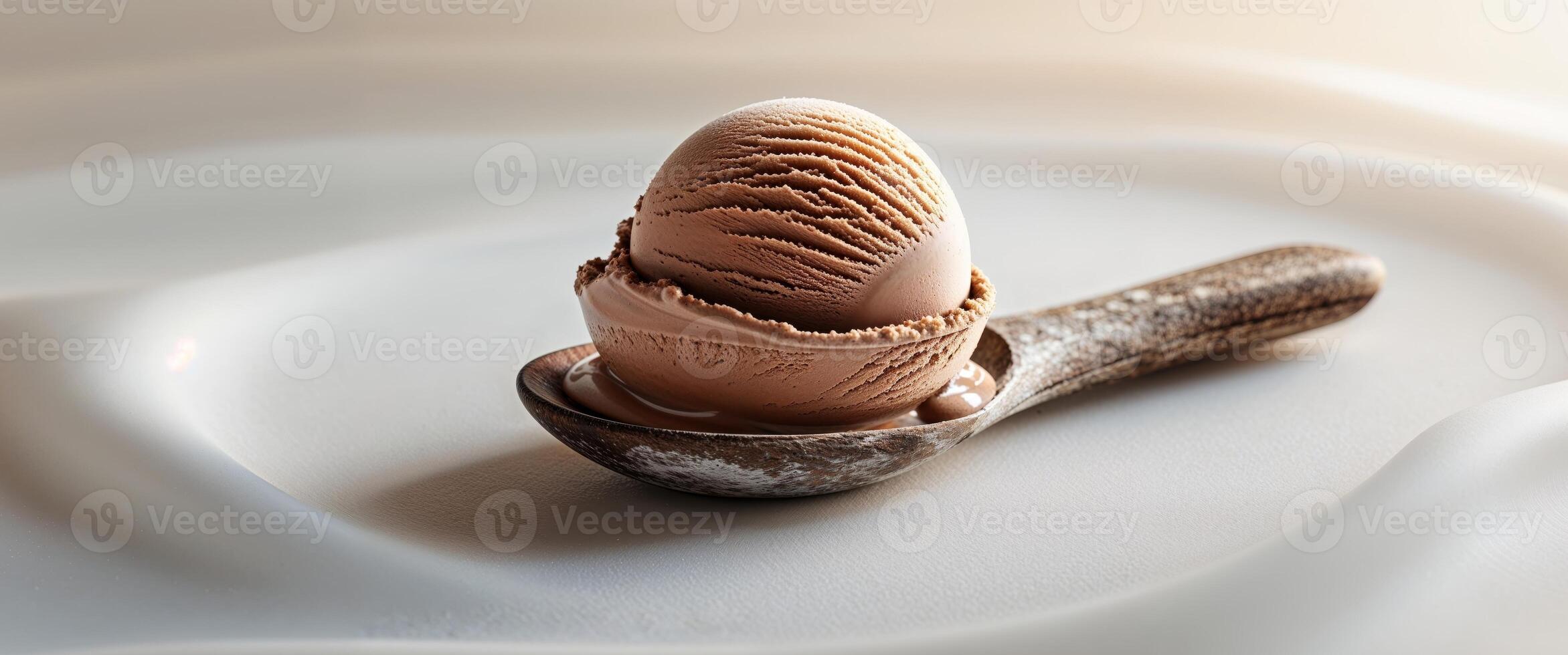 Single scoop of chocolate ice cream on wooden spoon with soft lighting and minimal background for a refined frozen dessert presentation. photo
