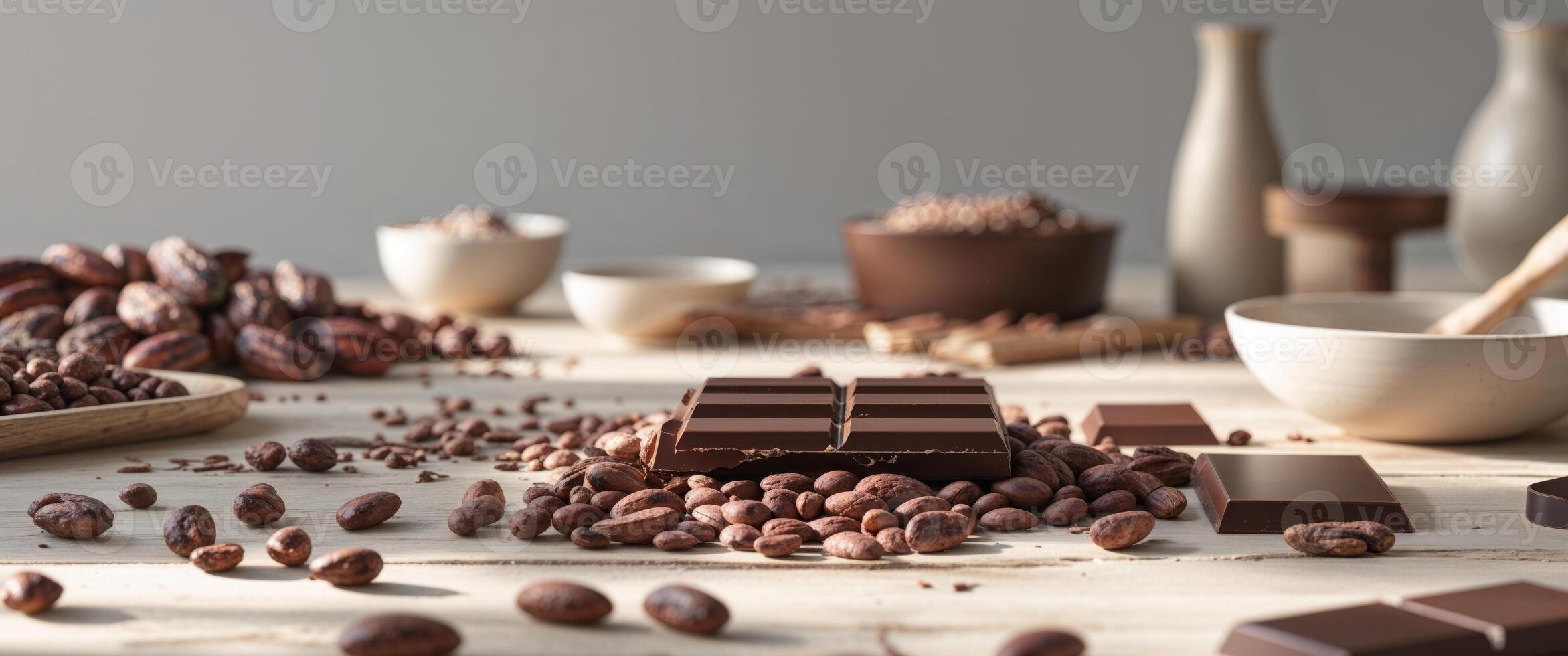 Chocolate and cocoa beans on a wooden table photo
