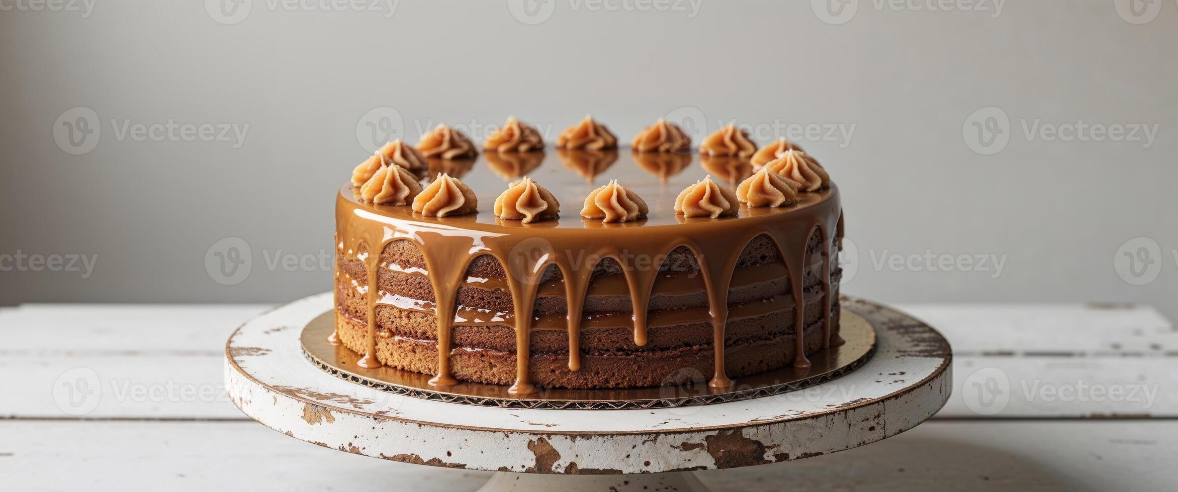 A cake with caramel drizzle on top photo